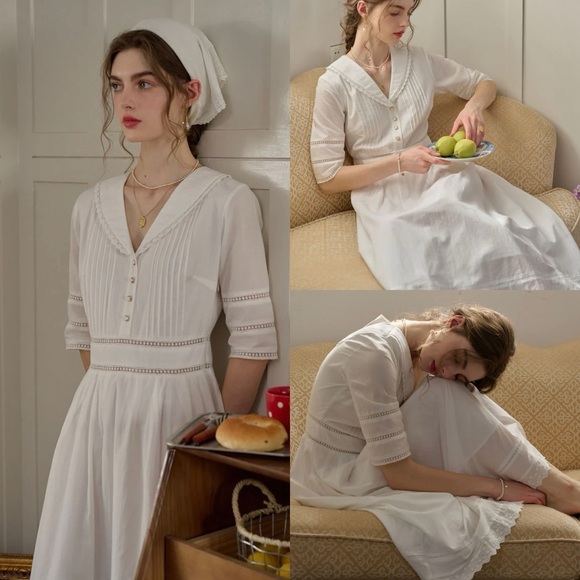 Hot Picks‼️Simple Retro Fiona Cotton White Midi Dress, Sz M, Wedding, Parisian - Picture 4 of 12